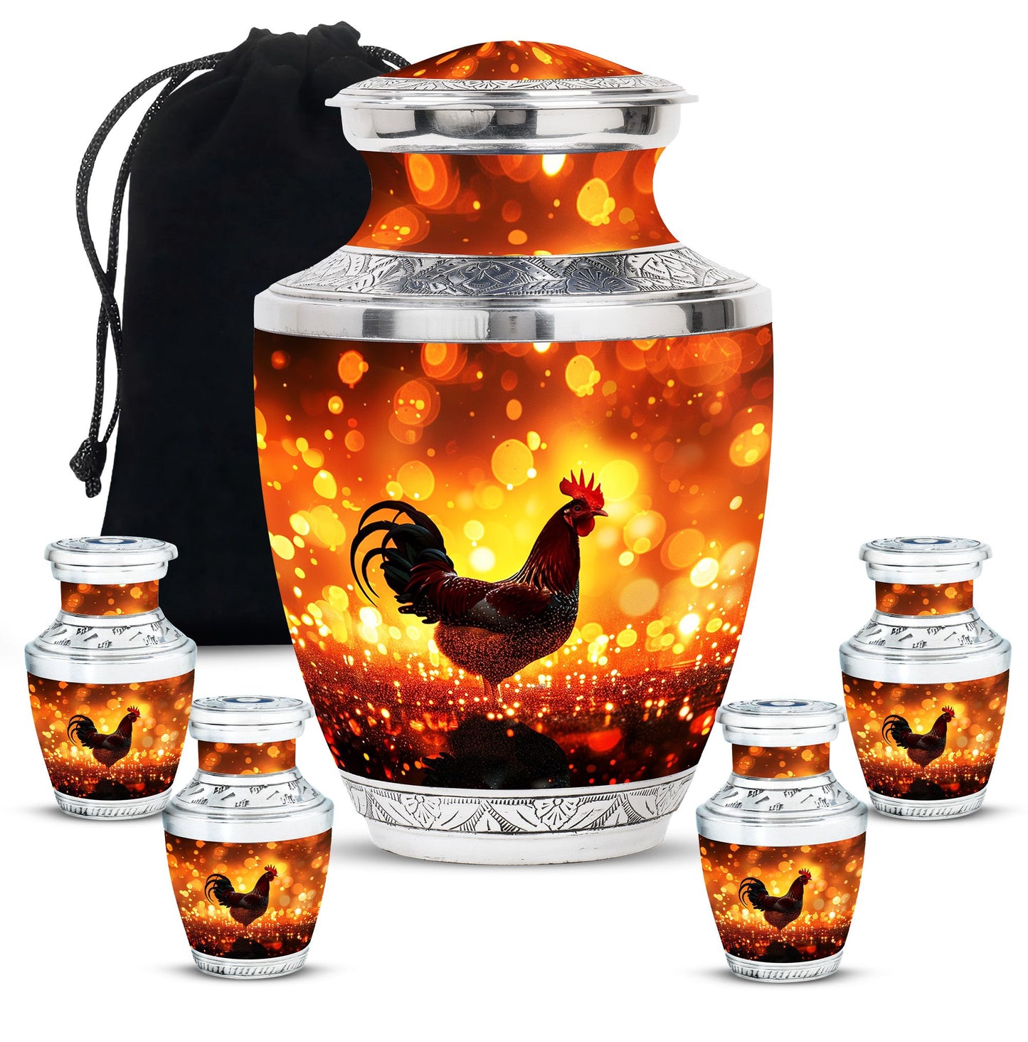 Chicken Theme Large Urn With 4 Keepsake Urn