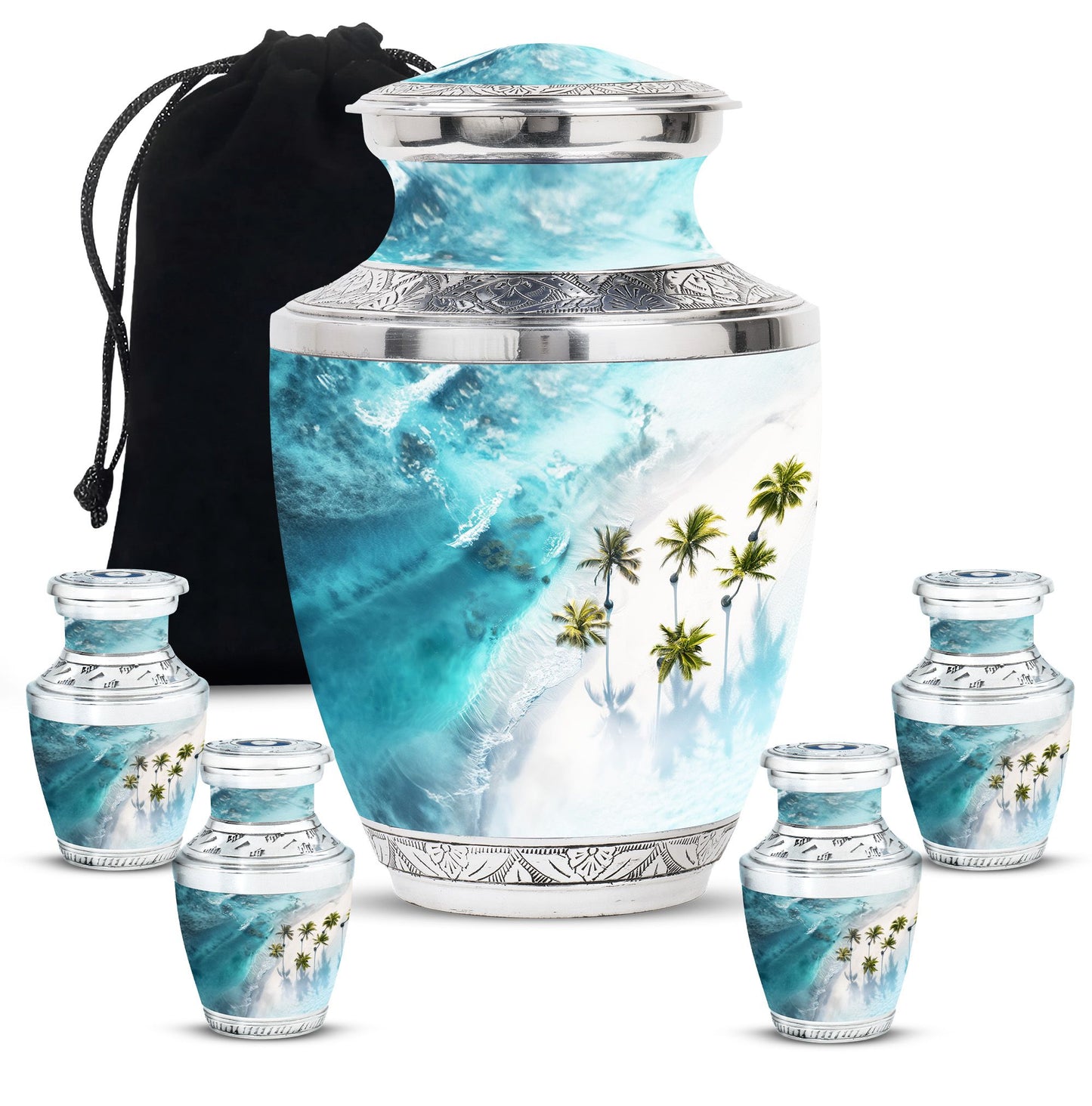 Beach Theme Large Urn With 4 Keepsake Urn