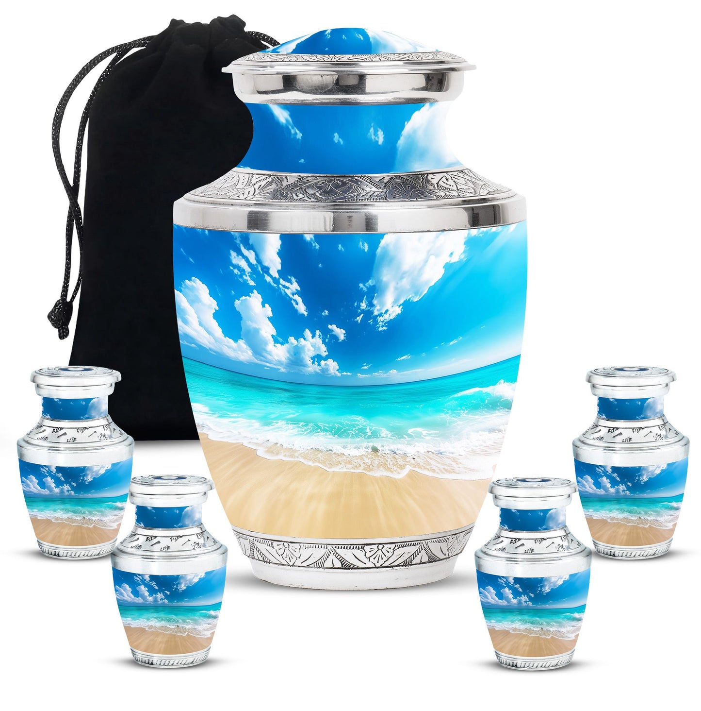 Beach Theme Large Urn With 4 Keepsake Urn