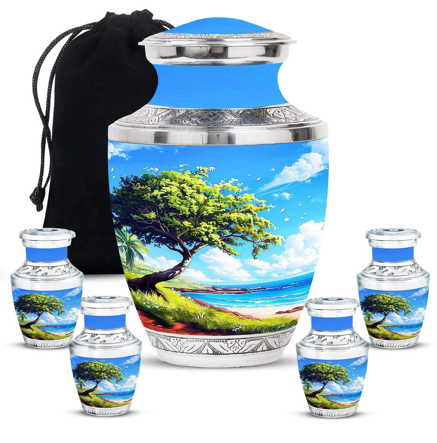Beach Theme Large Urn With 4 Keepsake Urn