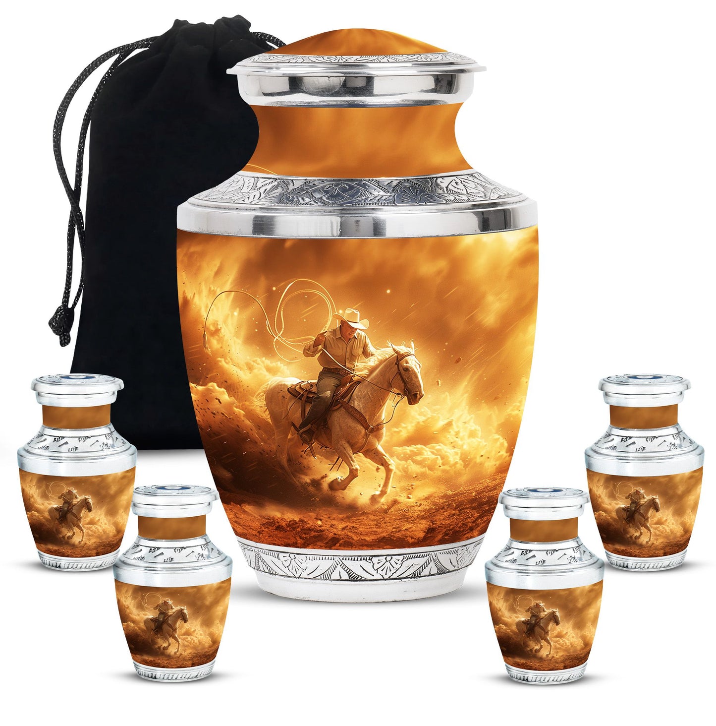 Cowboy Theme Large Urn With 4 Keepsake Urn