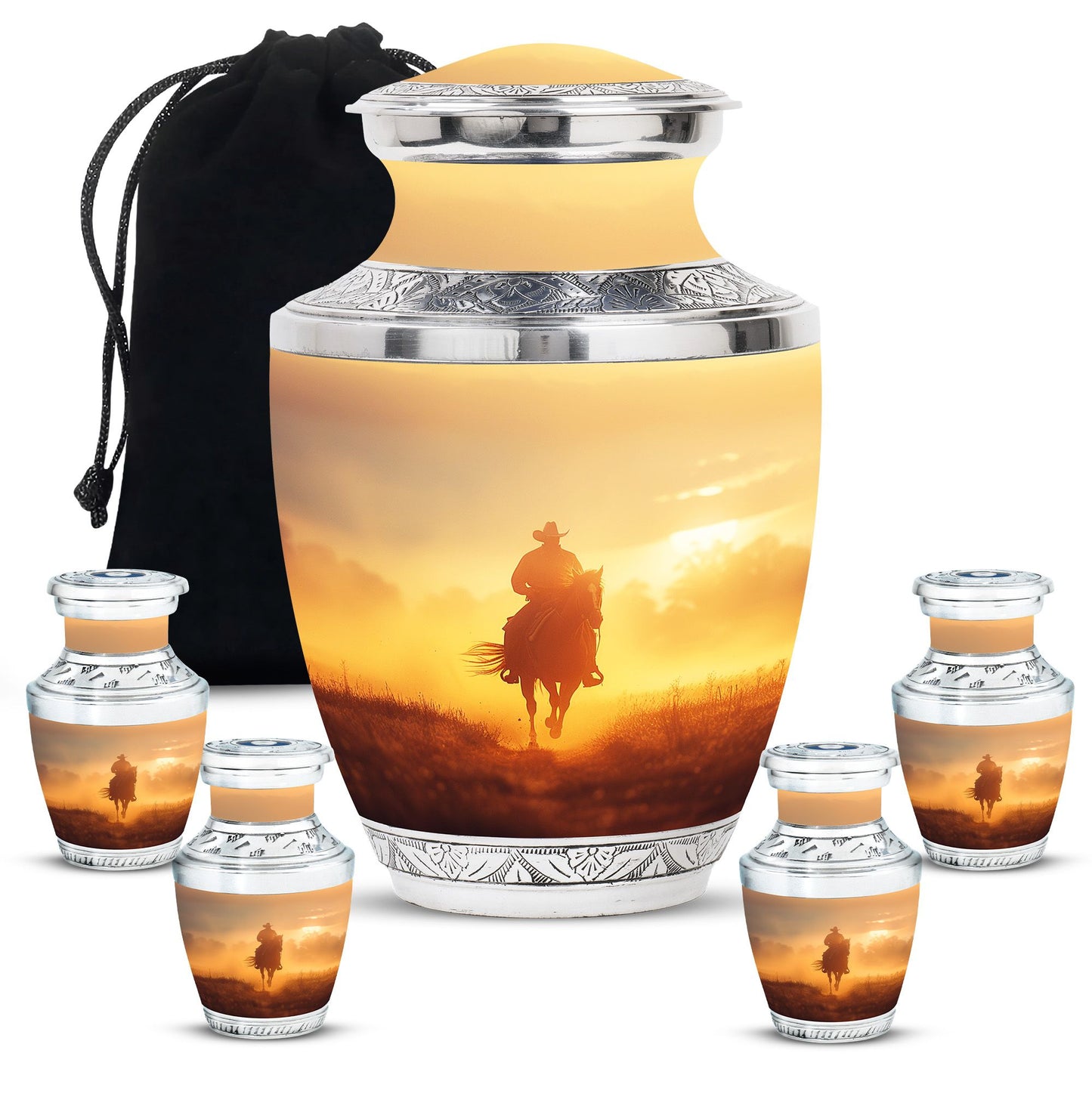 Cowboy Theme Large Urn With 4 Keepsake Urn