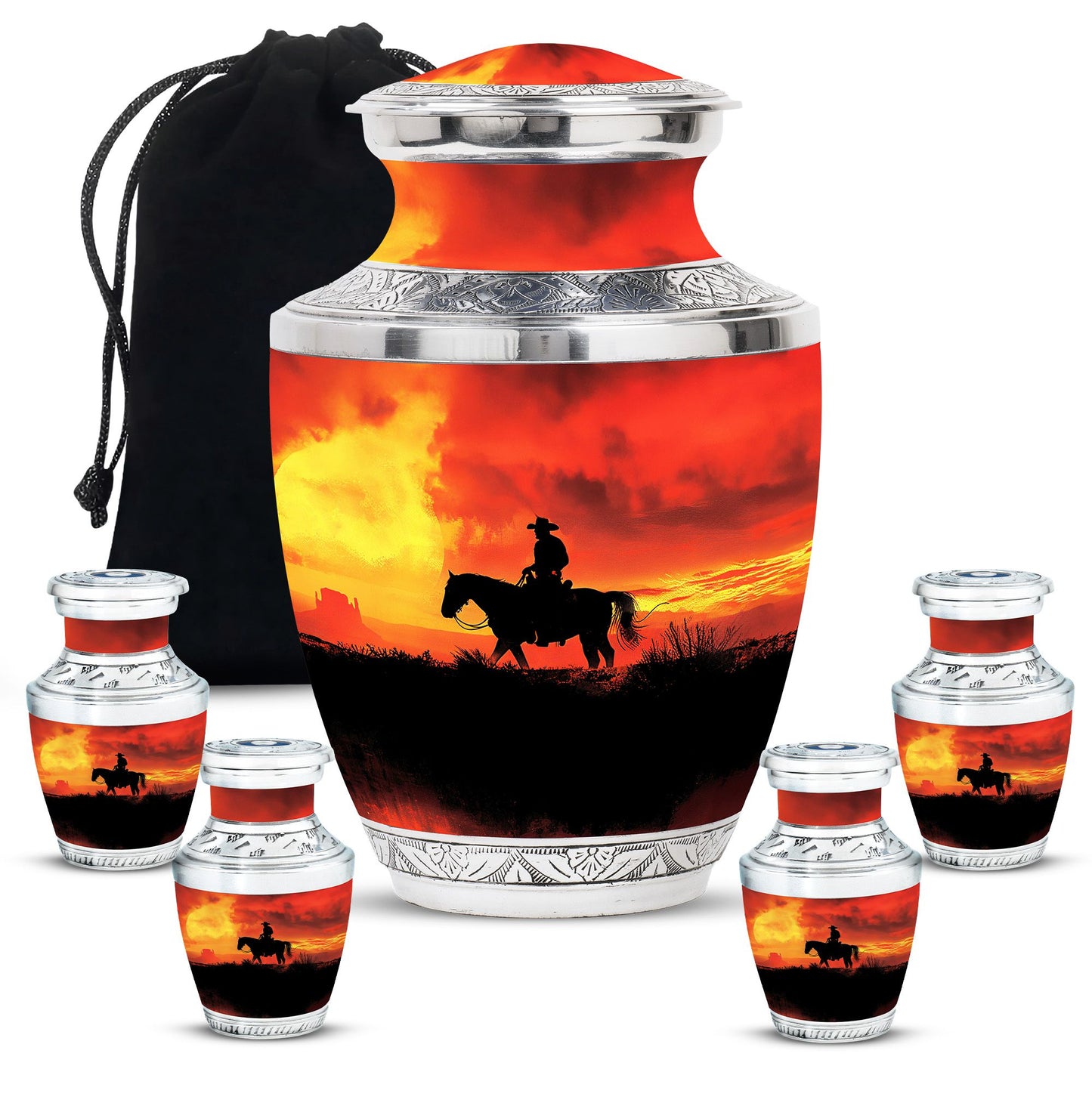 Cowboy Theme Large Urn With 4 Keepsake Urn
