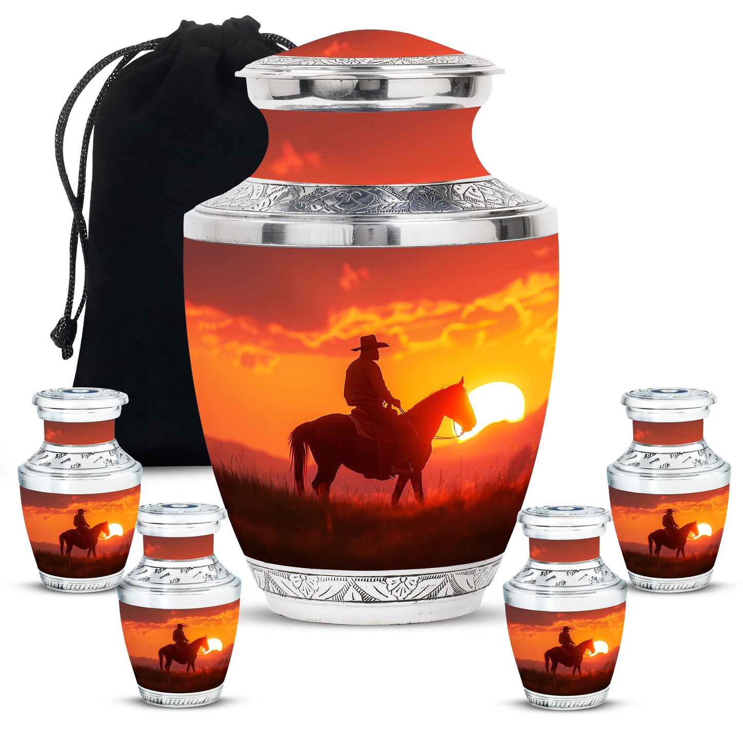 Cowboy Theme Large Urn With 4 Keepsake Urn