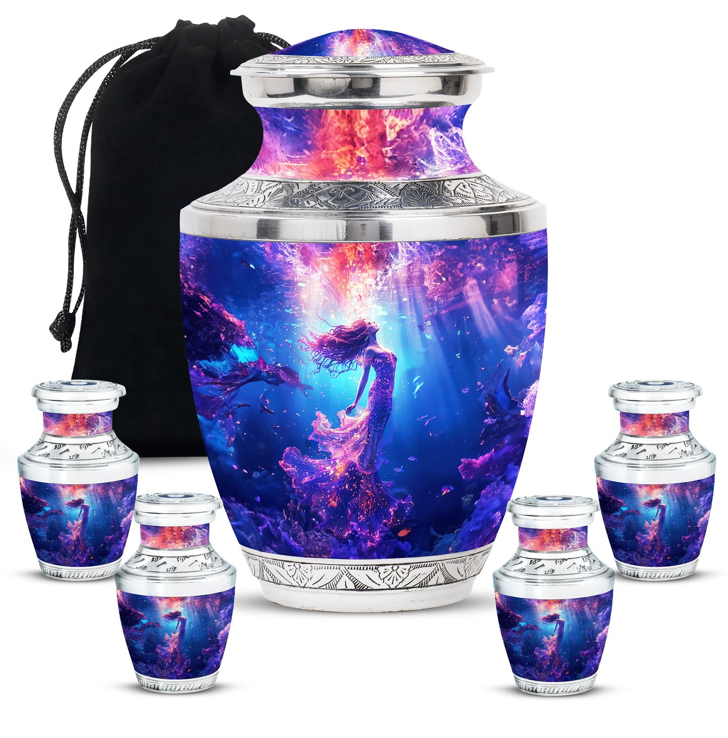 Mermaid Theme Large Urn With 4 Keepsake Urn