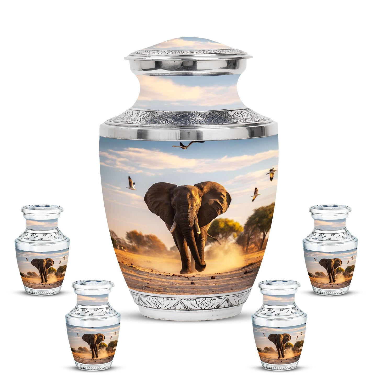 Elephant Theme Large Urn With 4 Keepsake Urn