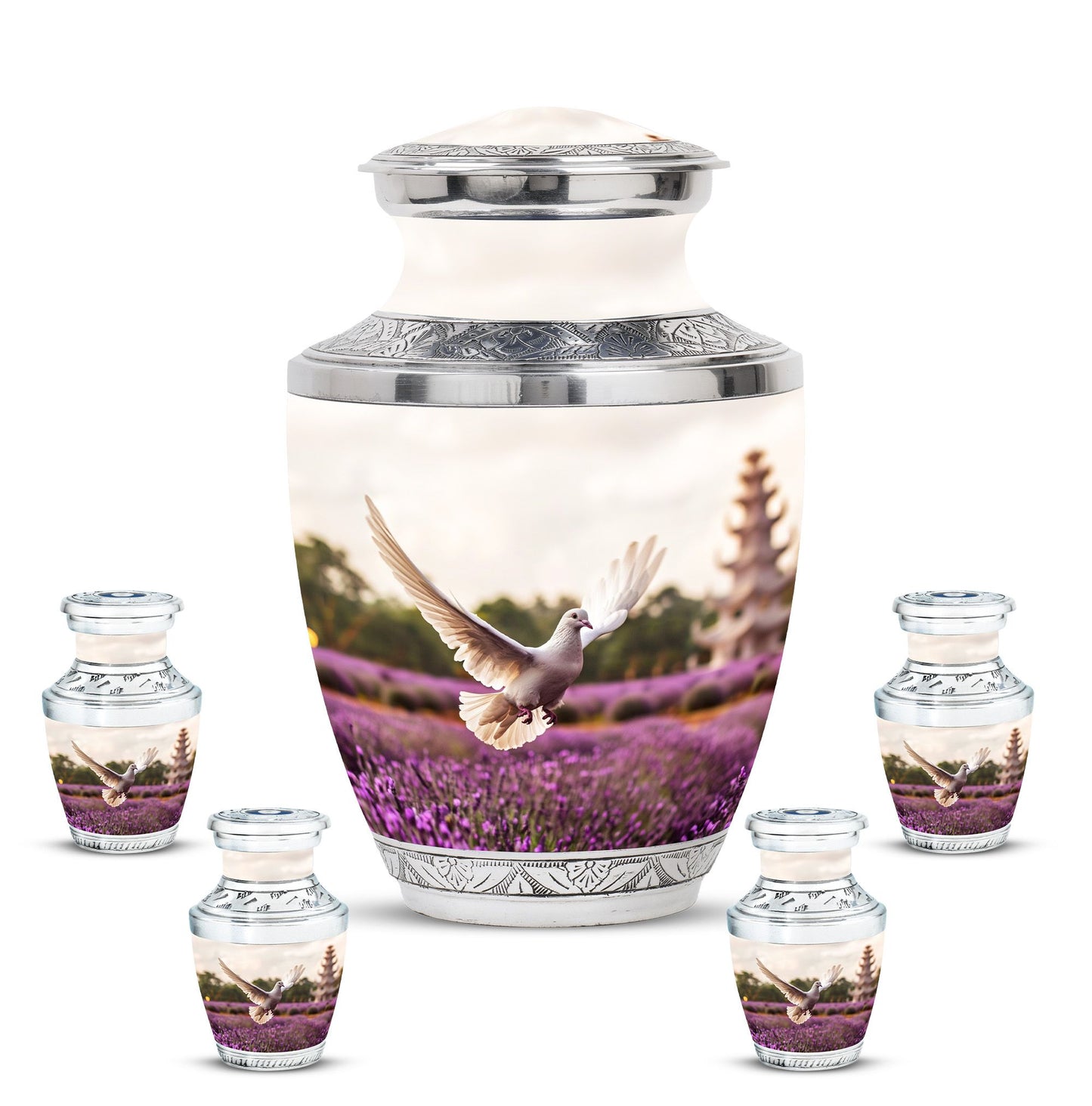White Dove On Purple Theme Large Urn With 4 Keepsake Urn