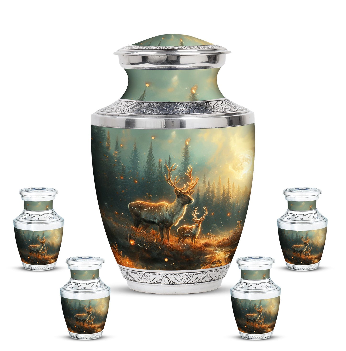 Deer Family Theme Large Urn With 4 Keepsake Urn