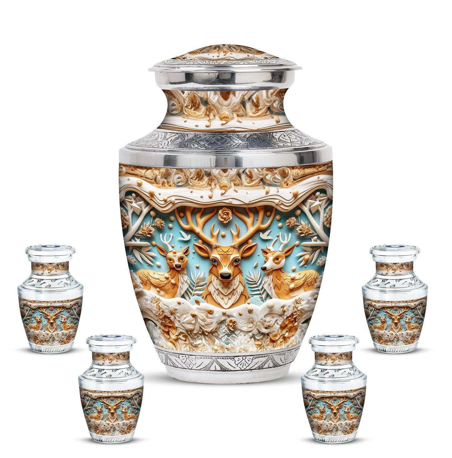 Deer Family Theme Large Urn With 4 Keepsake Urn