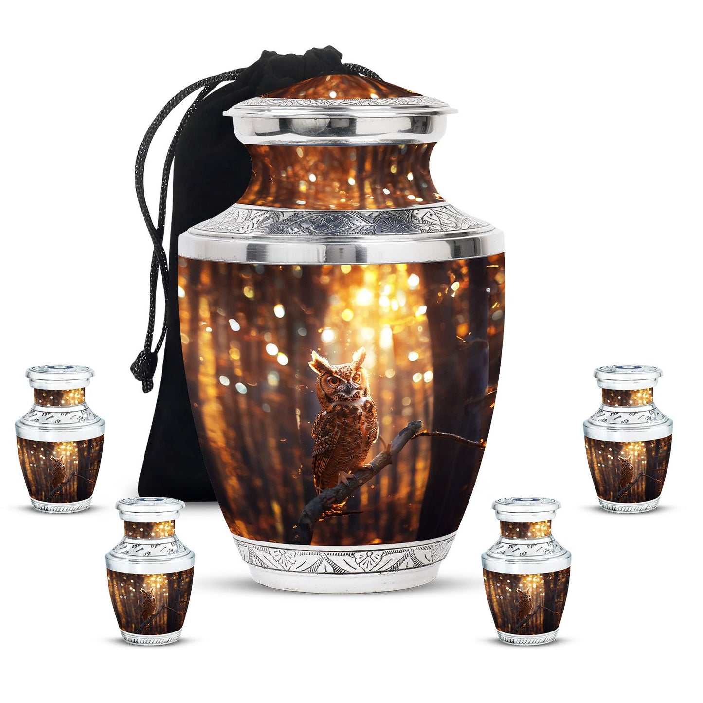 Owl Theme Large Urn With 4 Keepsake Urn