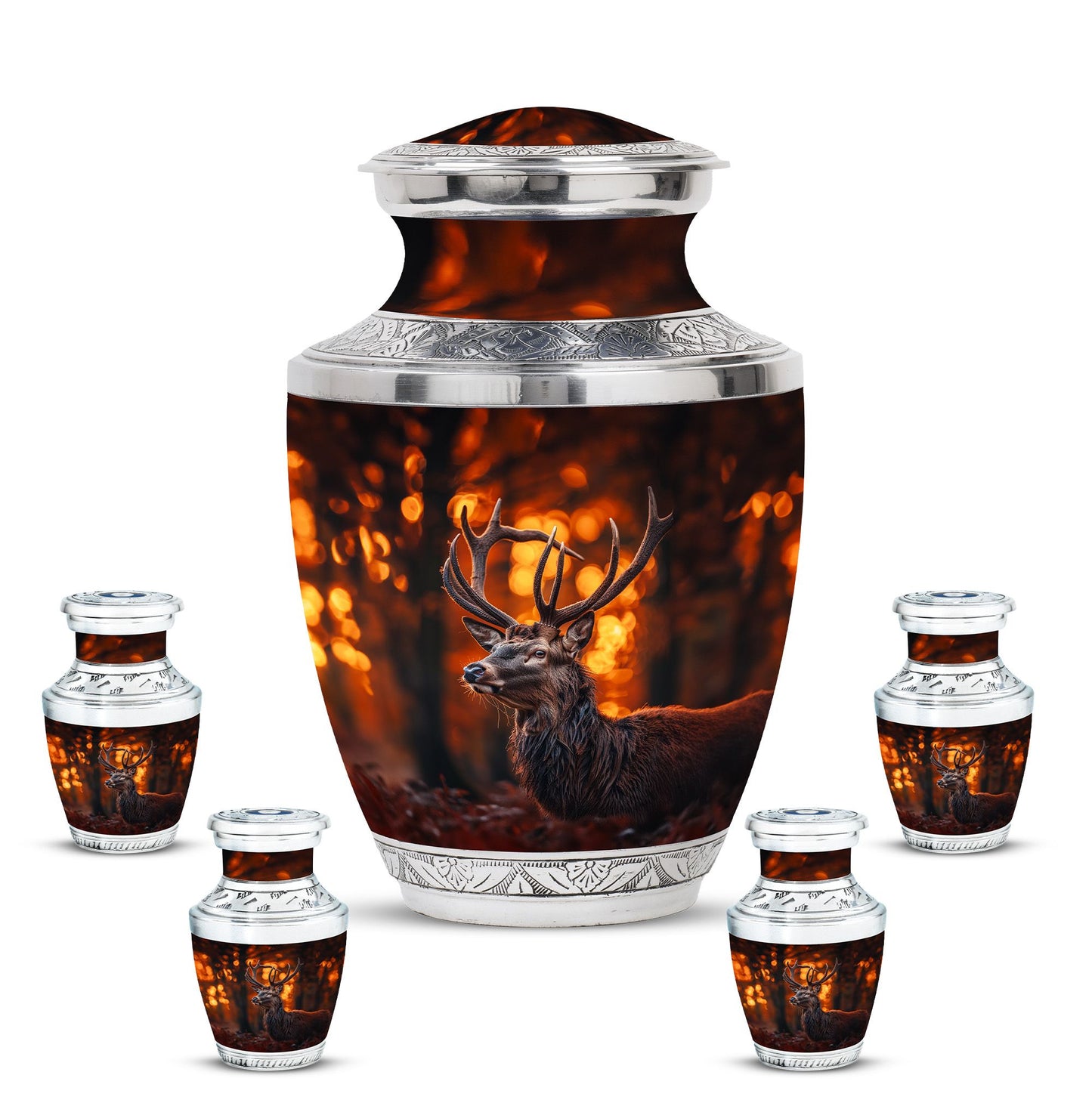 Deer Theme Large Urn With 4 Keepsake Urn