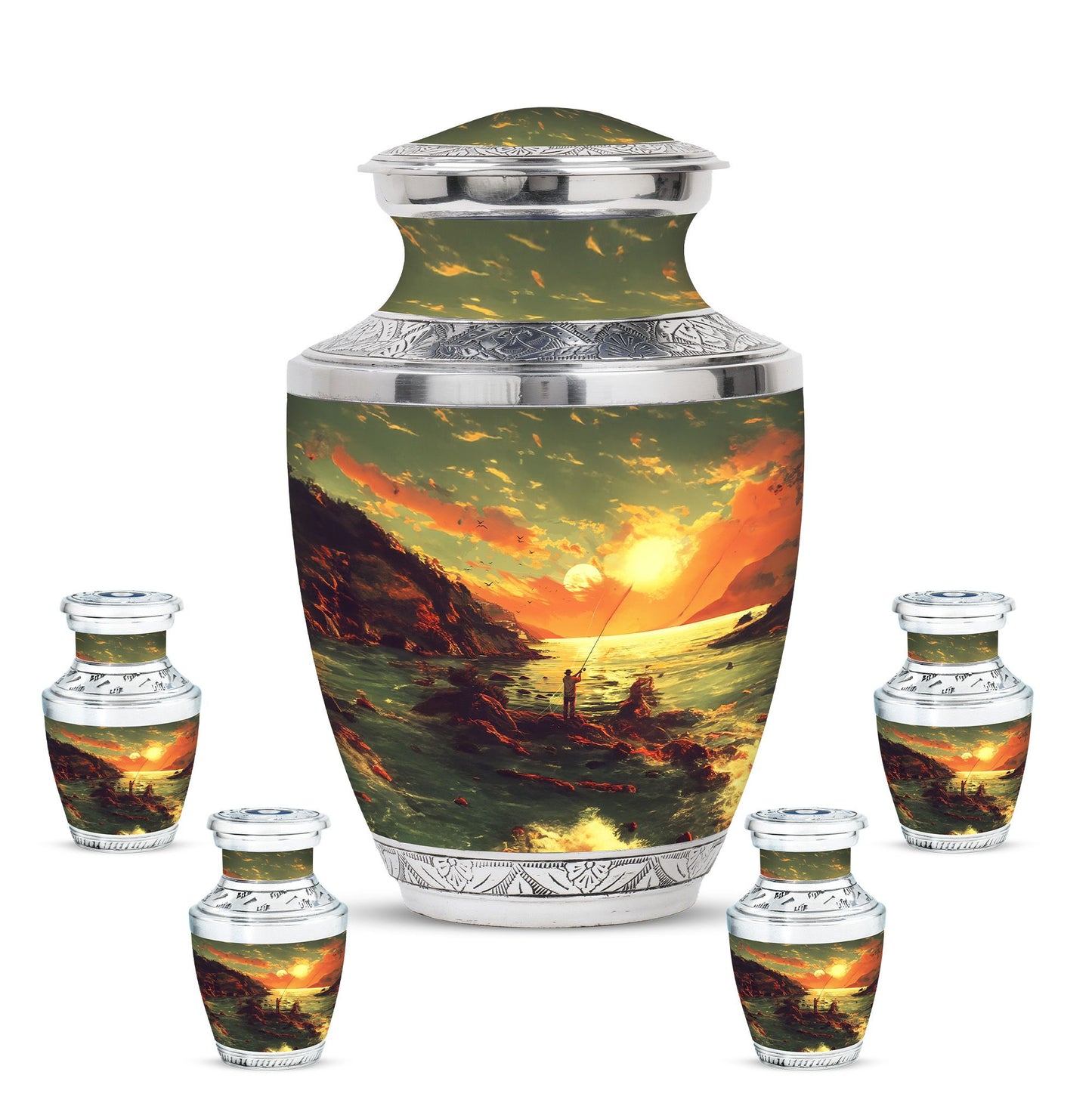 Fishing Theme Large Urn With 4 Keepsake Urn