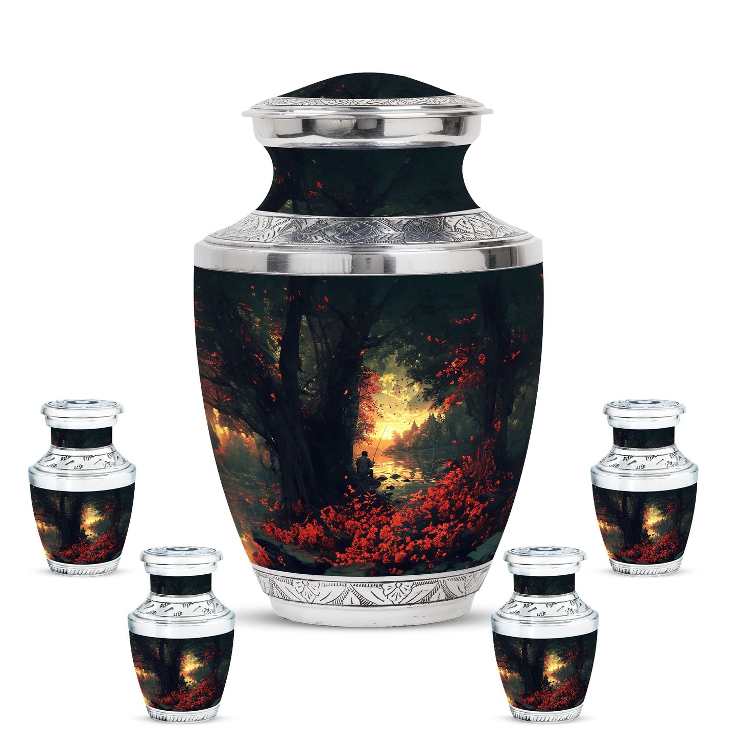 Fishing Theme Large Urn With 4 Keepsake Urn