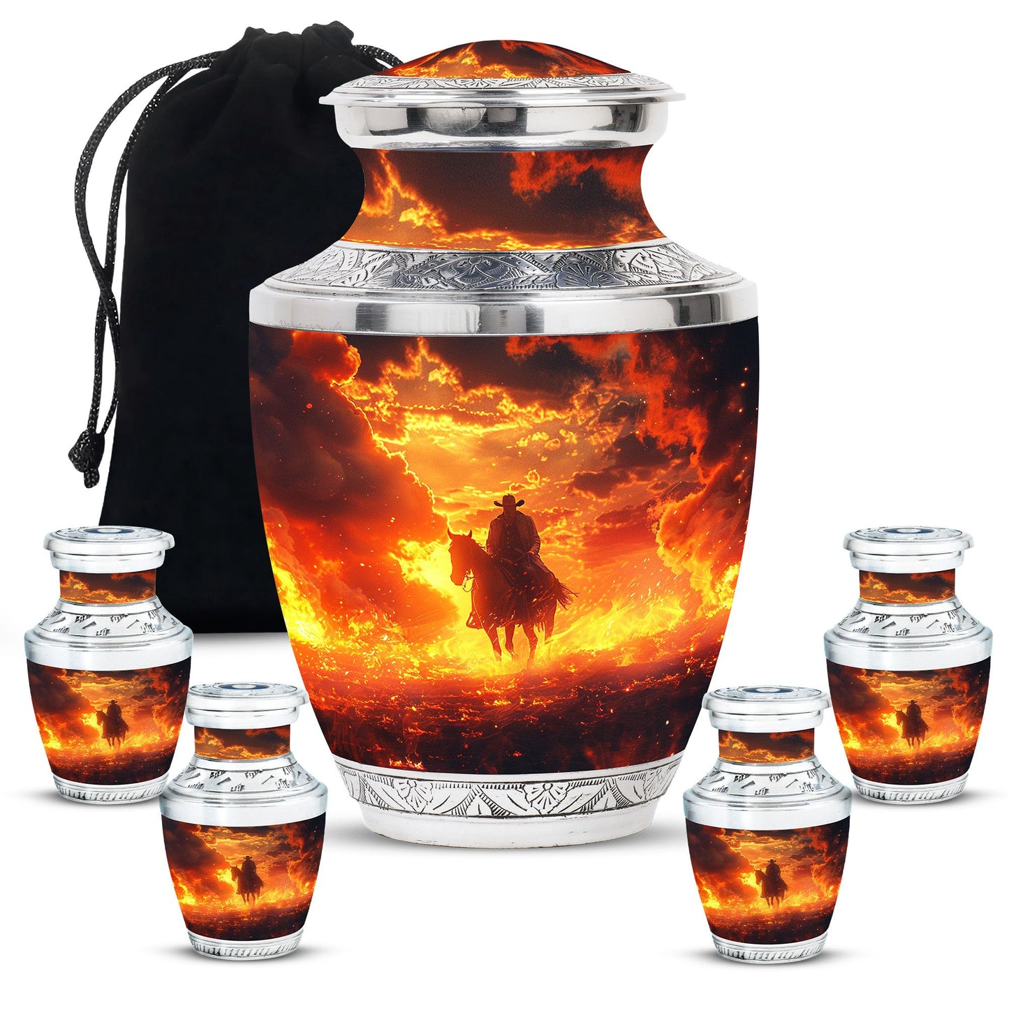 Cowboy Theme Large Urn With 4 Keepsake Urn