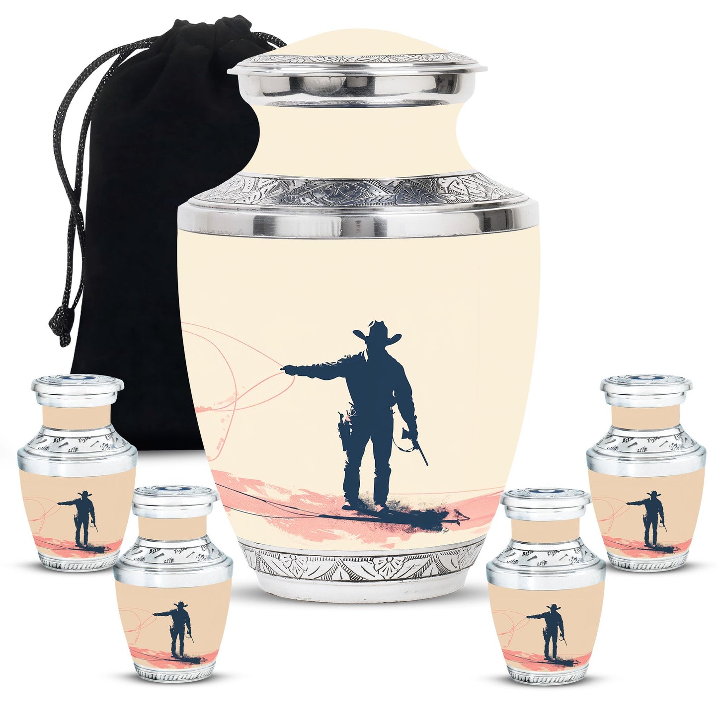 Cowboy Theme Large Urn With 4 Keepsake Urn