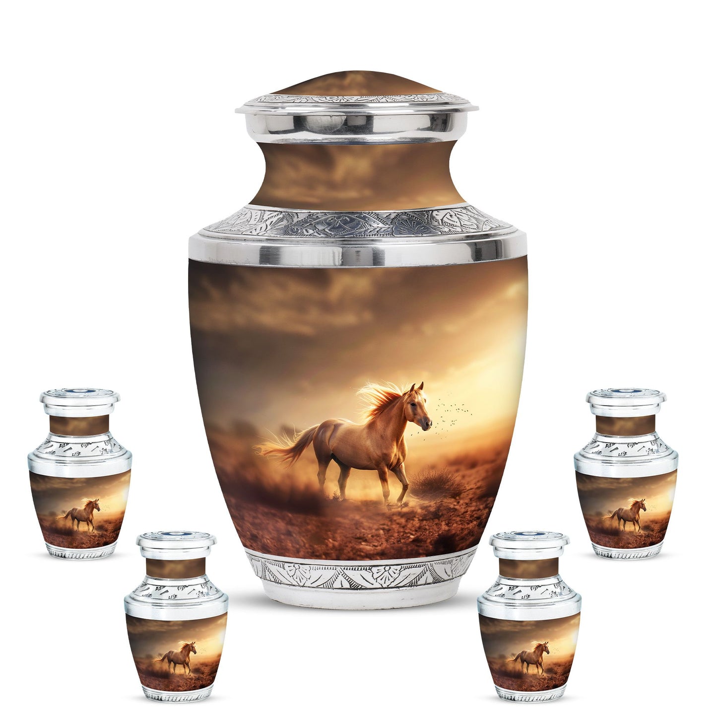 Horse Theme Large Urn With 4 Keepsake Urn