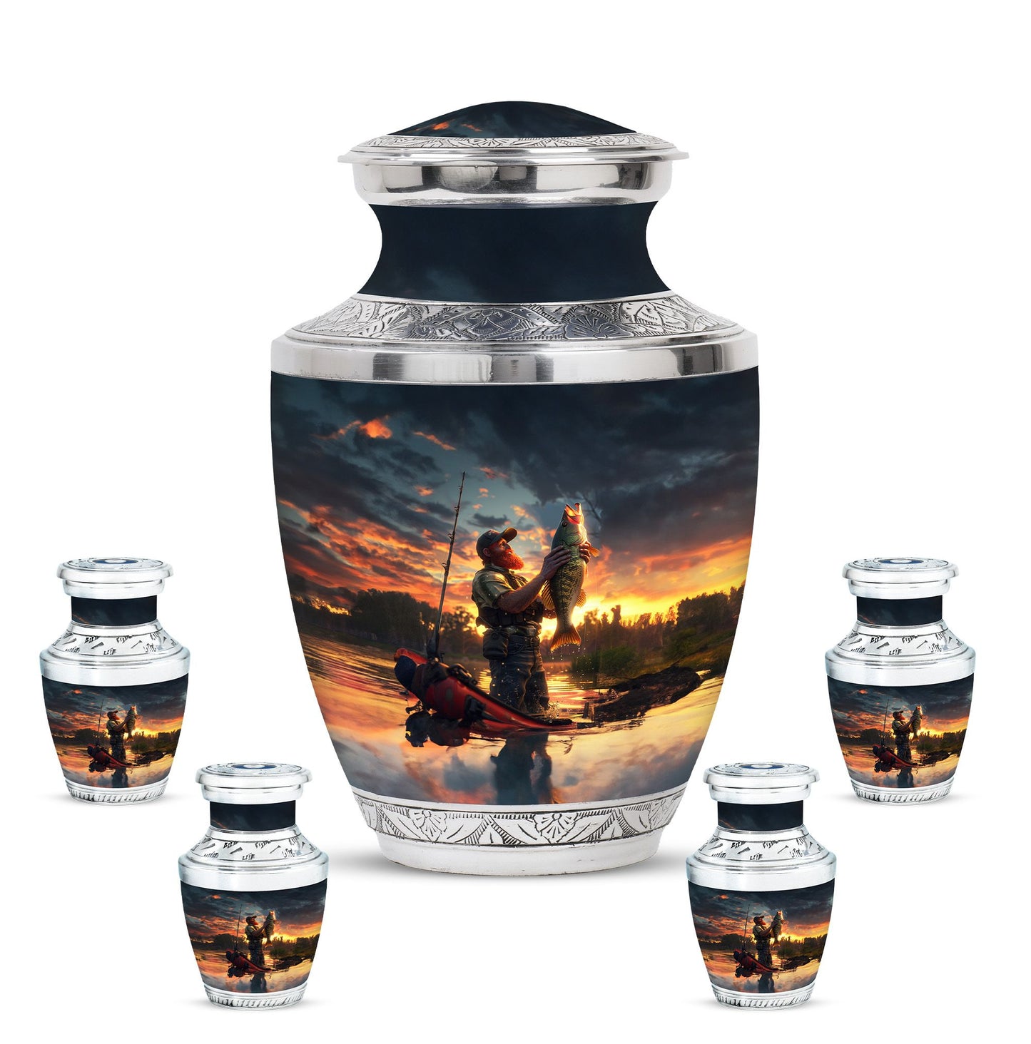 Fishing Theme Large Urn With 4 Keepsake Urn