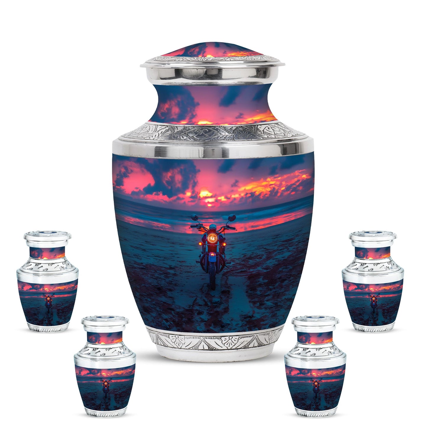 Motorcycle Theme Large Urn With 4 Keepsake Urn