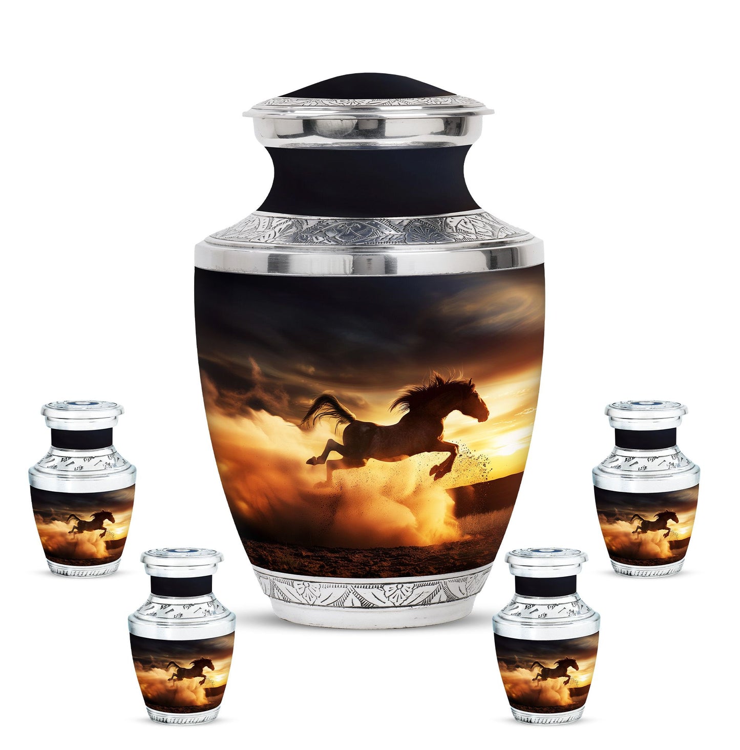 Horse Theme Large Urn With 4 Keepsake Urn