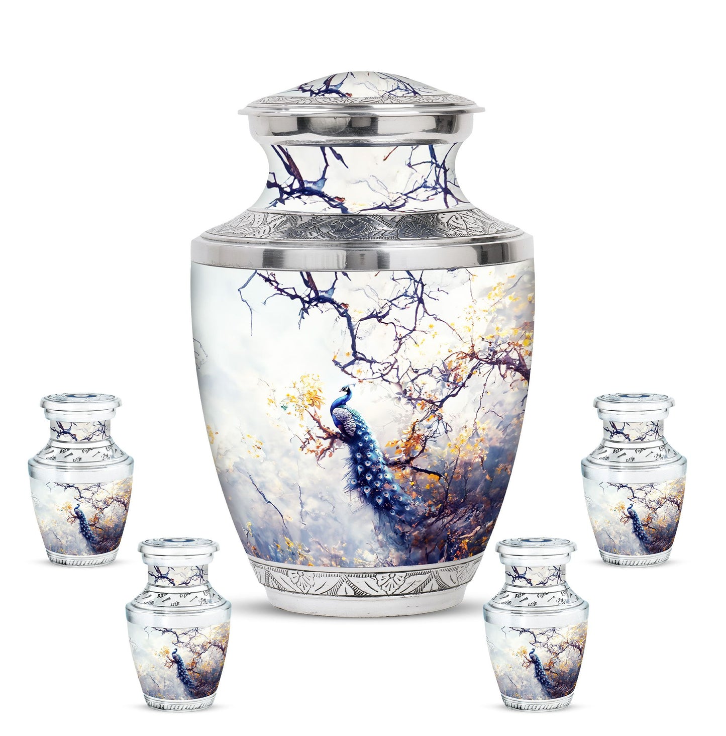 Peacock Theme Large Urn With 4 Keepsake Urn