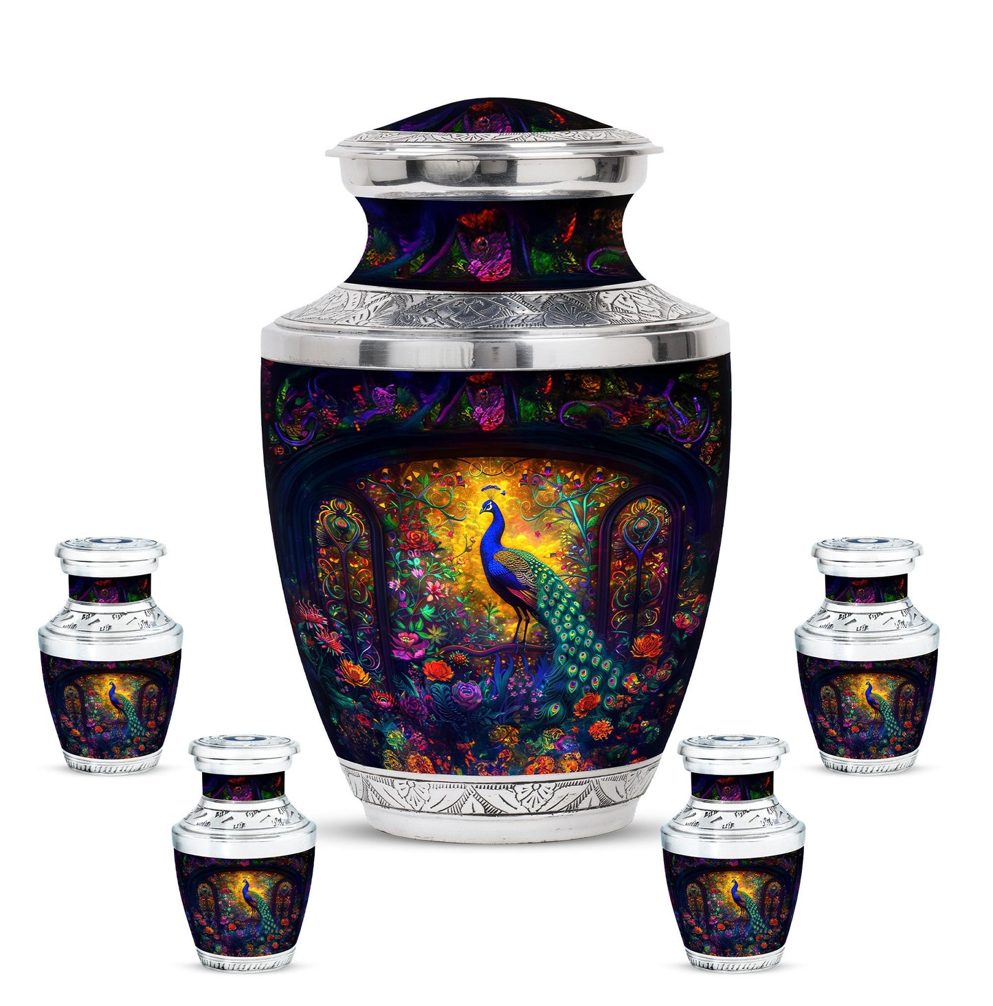 Peacock Theme Large Urn With 4 Keepsake Urn