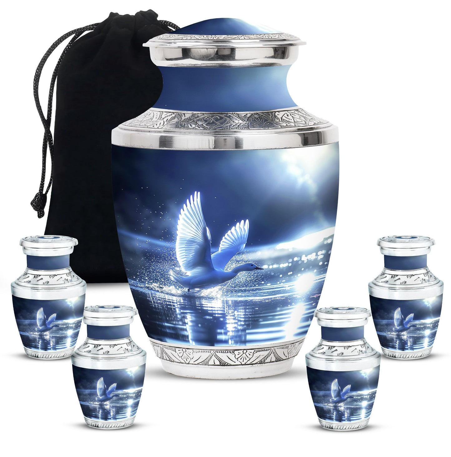 Swan Theme Large Urn With 4 Keepsake Urn