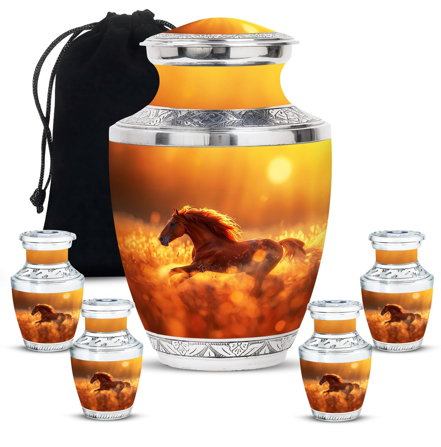 Runing Horse Theme Large Urn With 4 Keepsake Urn