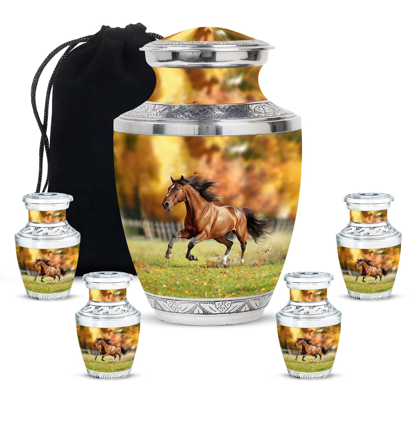 Runing Horse Theme Large Urn With 4 Keepsake Urn