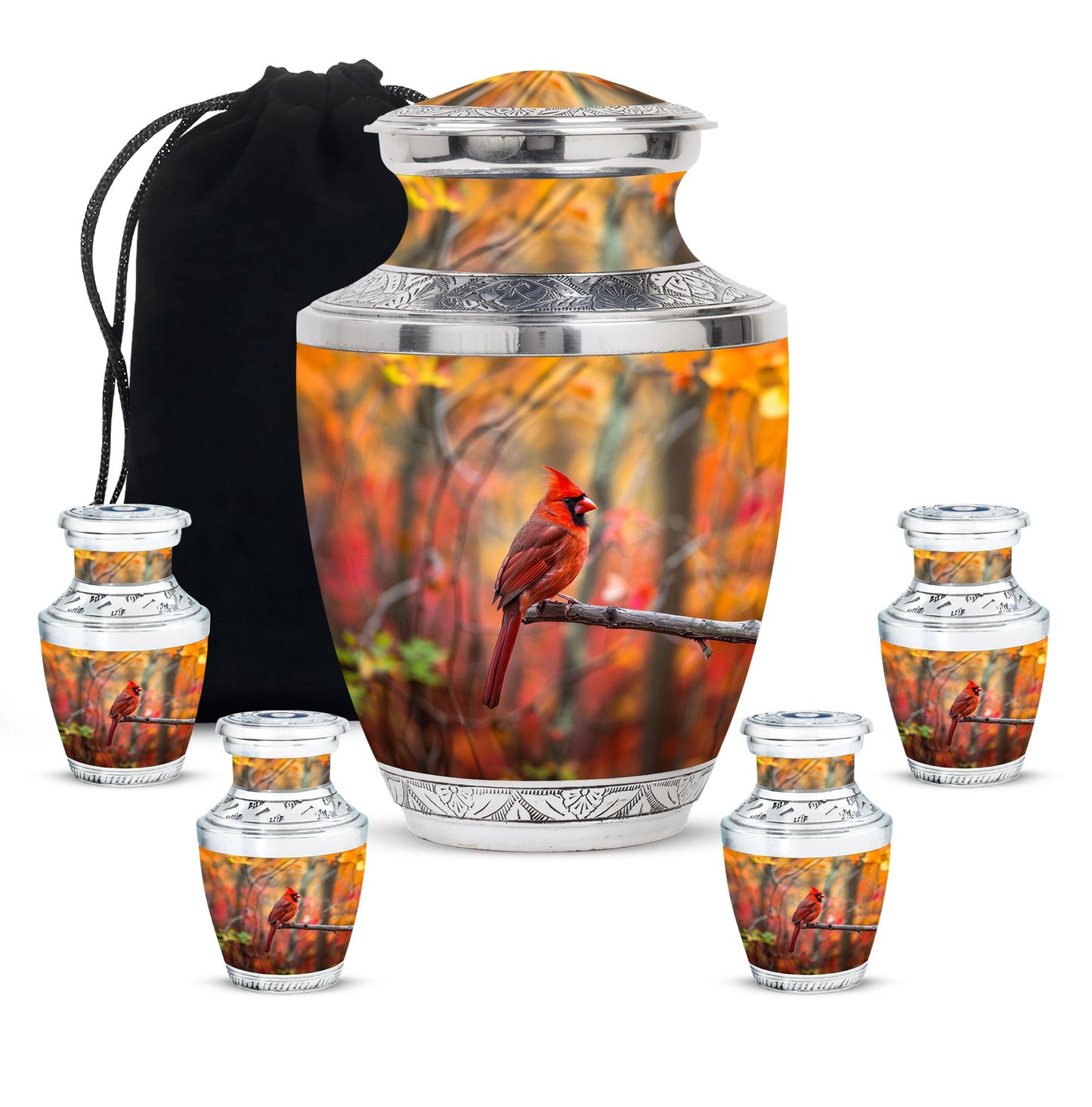Cardinal Theme Large Urn With 4 Keepsake Urn
