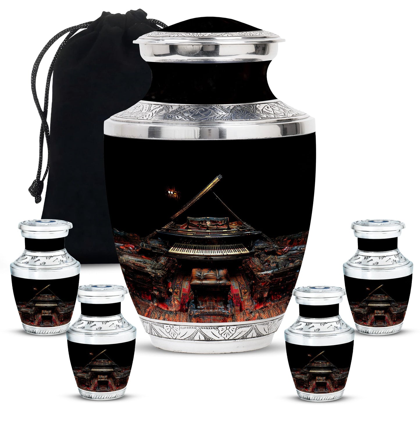 Piano Theme Large Urn With 4 Keepsake Urn