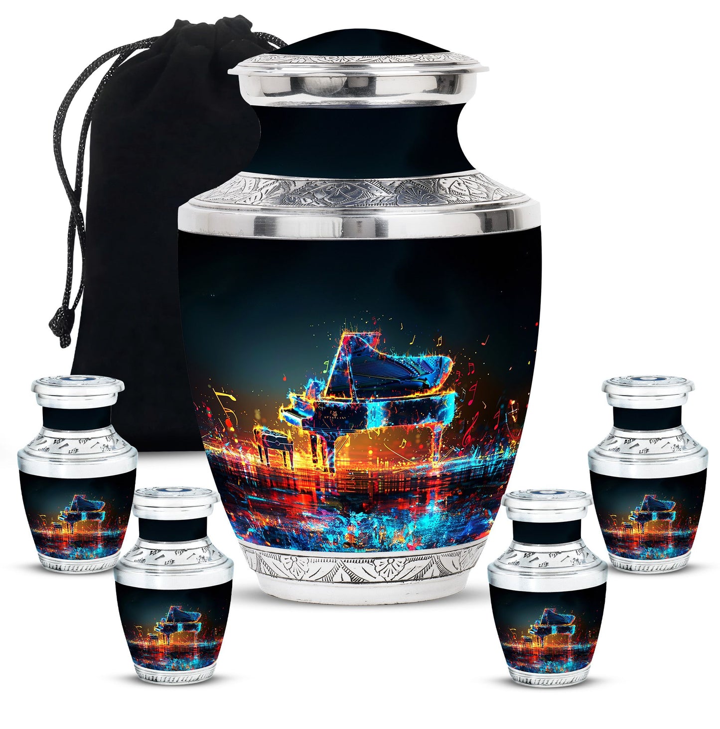 Piano Theme Large Urn With 4 Keepsake Urn