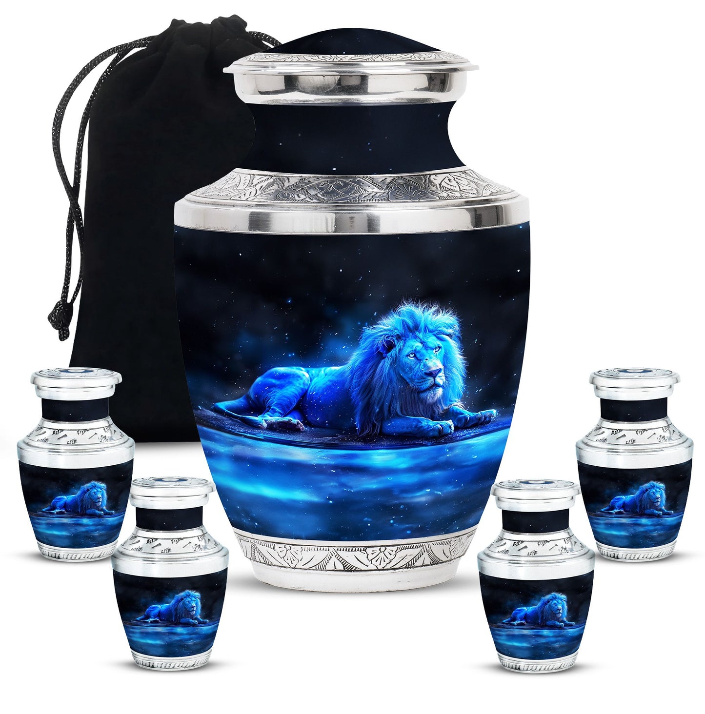 Lion Theme Large Urn With 4 Keepsake Urn