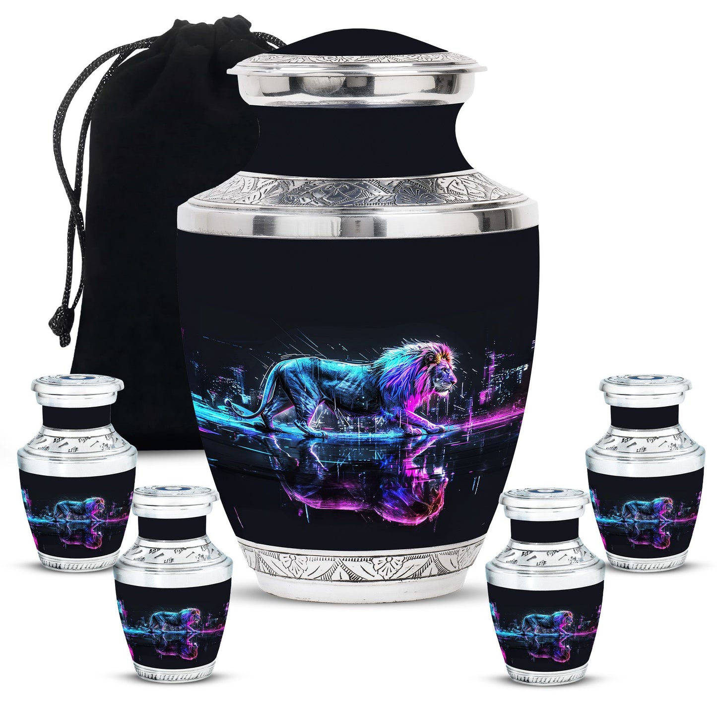 Lion Theme Large Urn With 4 Keepsake Urn