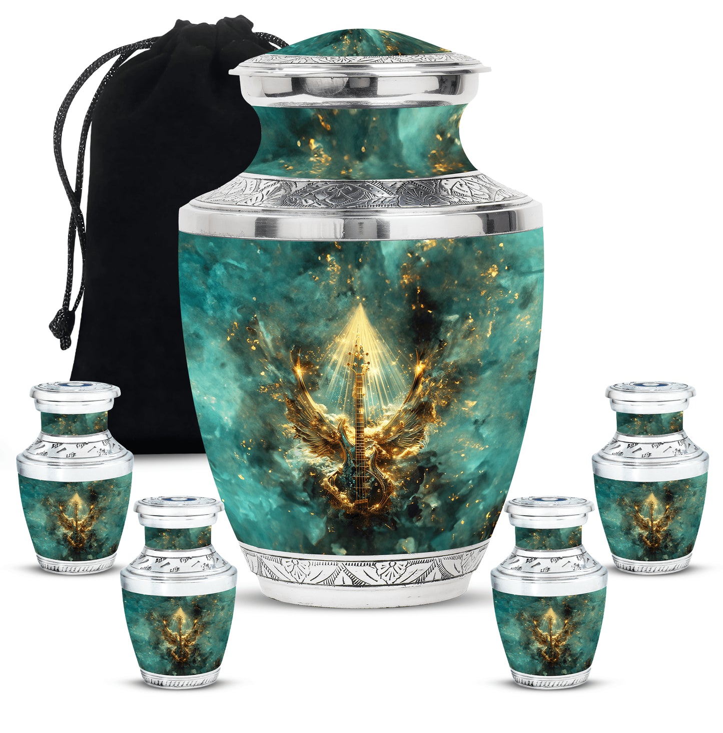 Guitar Theme Large Urn With 4 Keepsake Urn