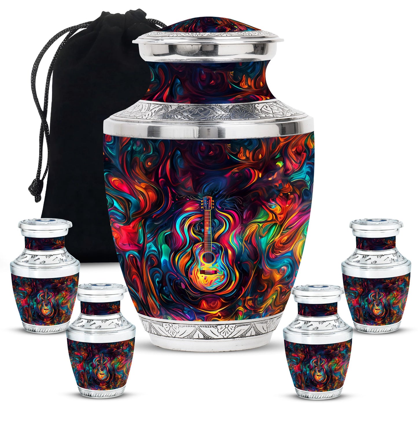 Guitar Theme Large Urn With 4 Keepsake Urn