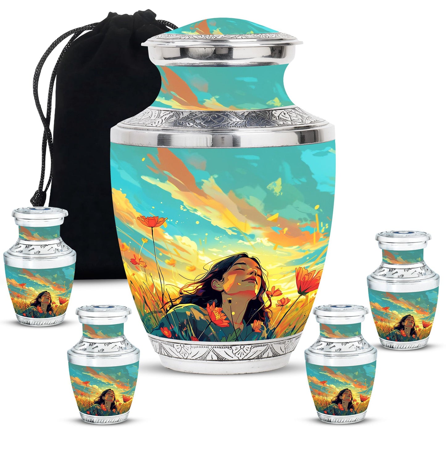 Flower Theme Large Urn With 4 Keepsake Urn