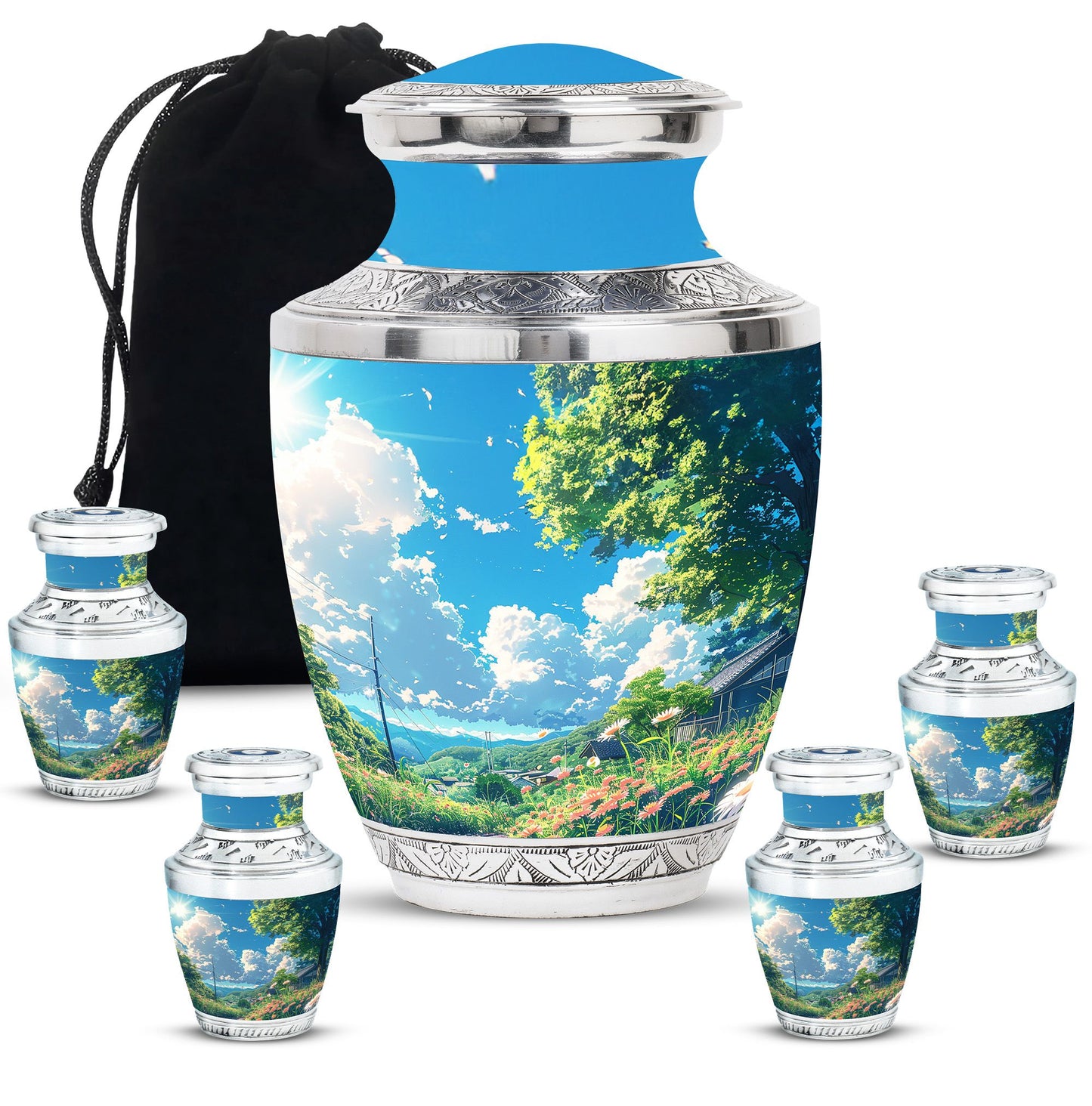 Flower Theme Large Urn With 4 Keepsake Urn