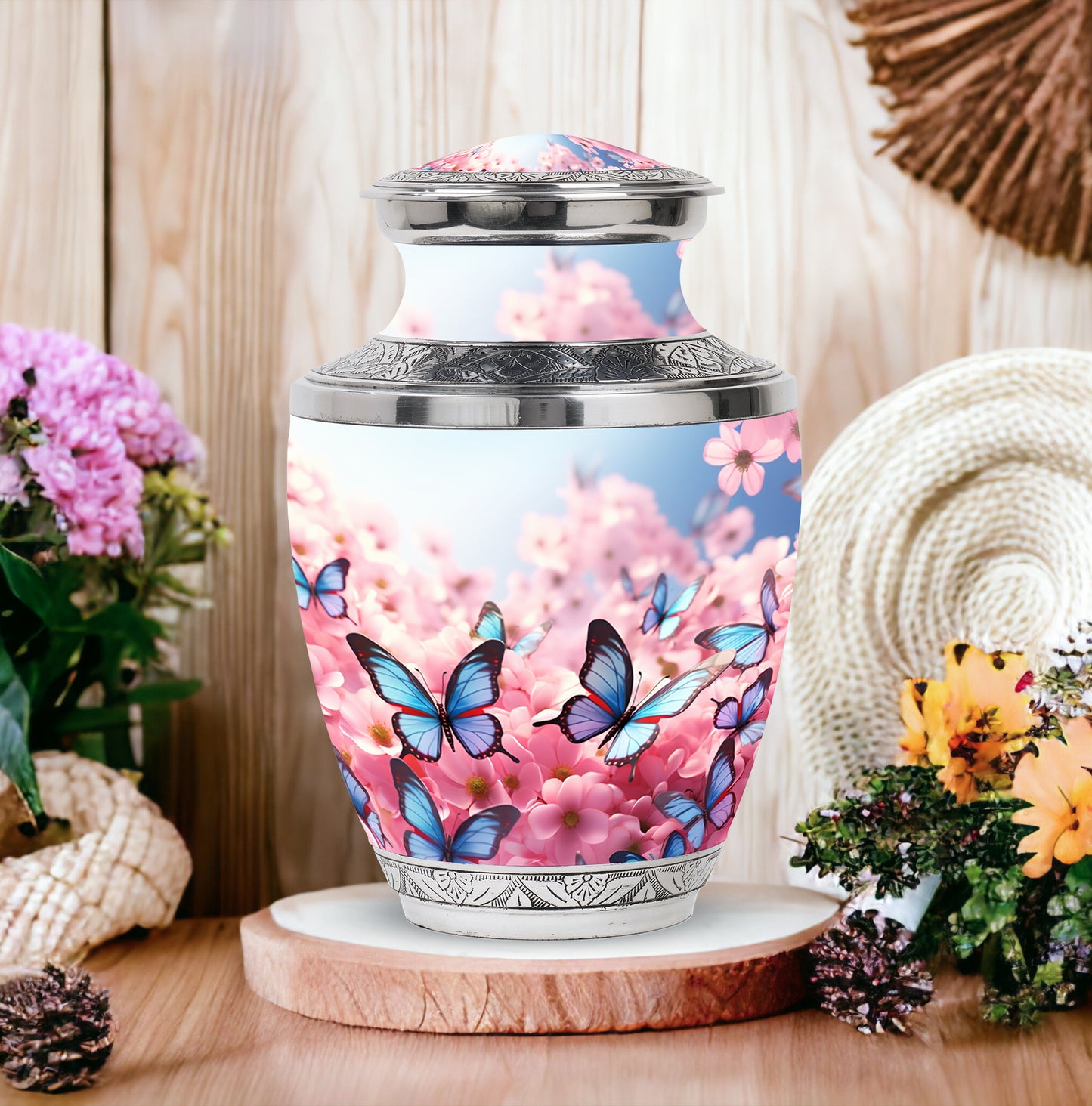 Butterfly Urn for Ashes, Pink Cherry Blossoms and Blue Wings, Silver Trim Urn