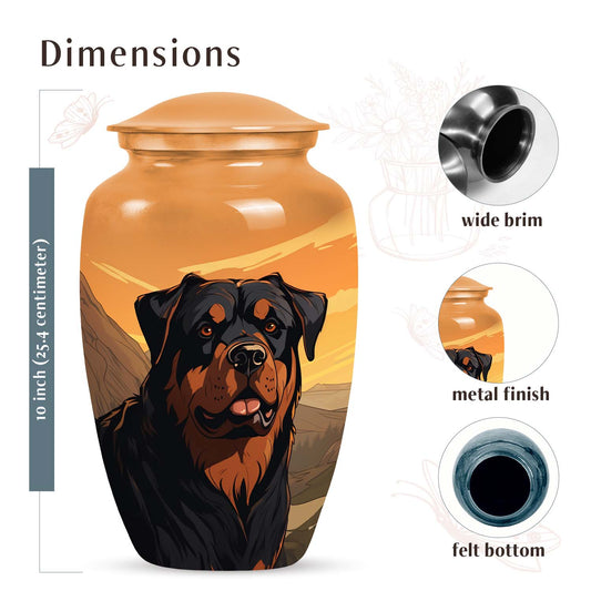 Dog Urn for Pet Ashes, Cartoon Rottweiler Against Orange Mountain Sky, Memorial Urn