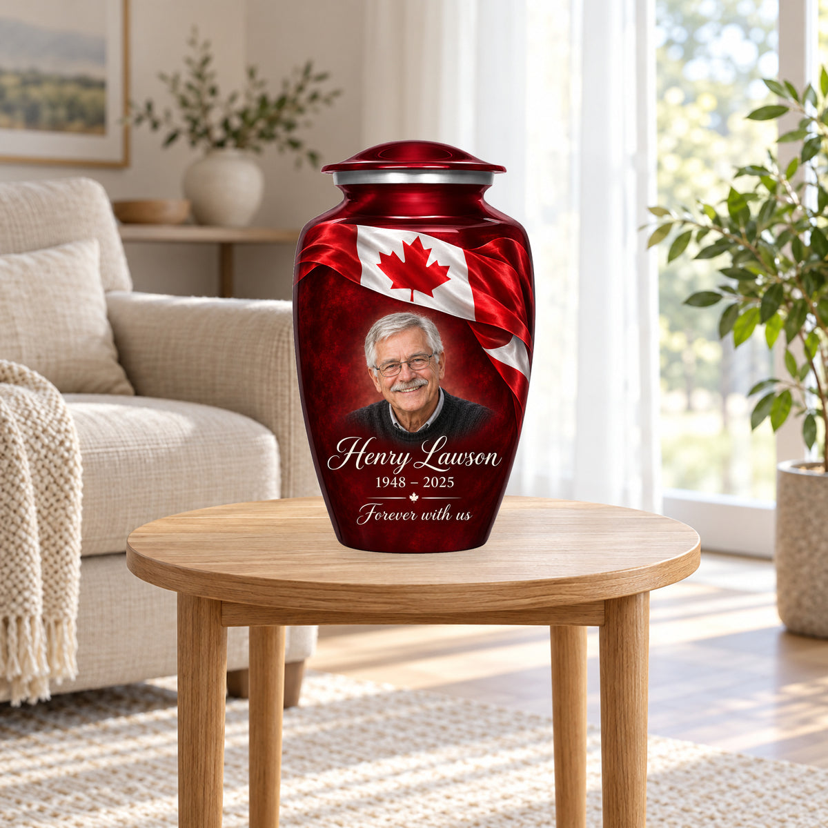 Red personalized Canadian flag adult urn in a sunlit home.