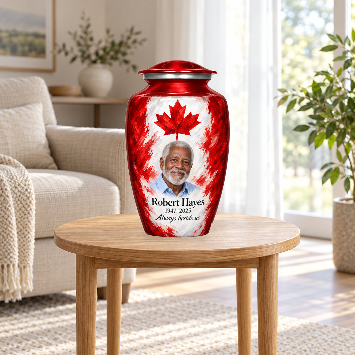 Red personalized Canadian flag adult urn in a sunlit home.