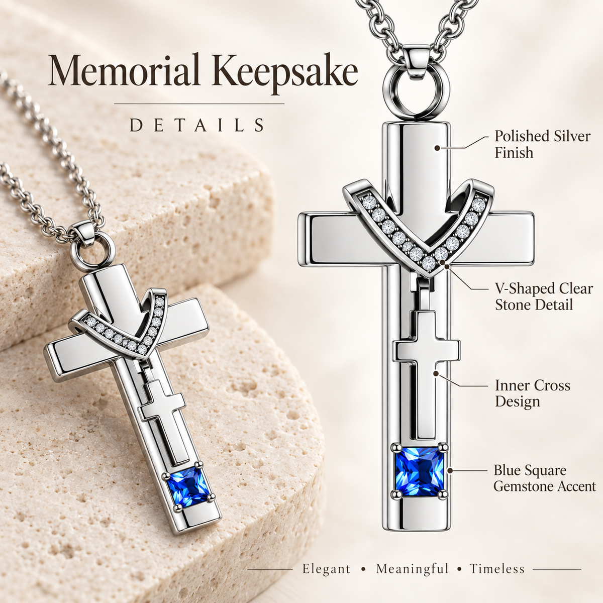 Cross Necklace for Ashes with Blue and Clear Stones