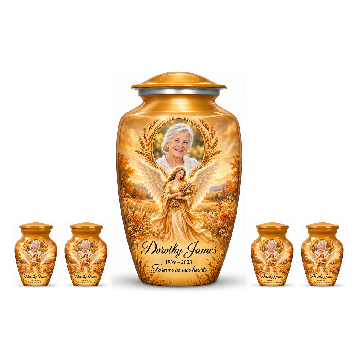 One yellow adult angel urn and four matching keepsake urns with sample portraits and inscriptions on white.