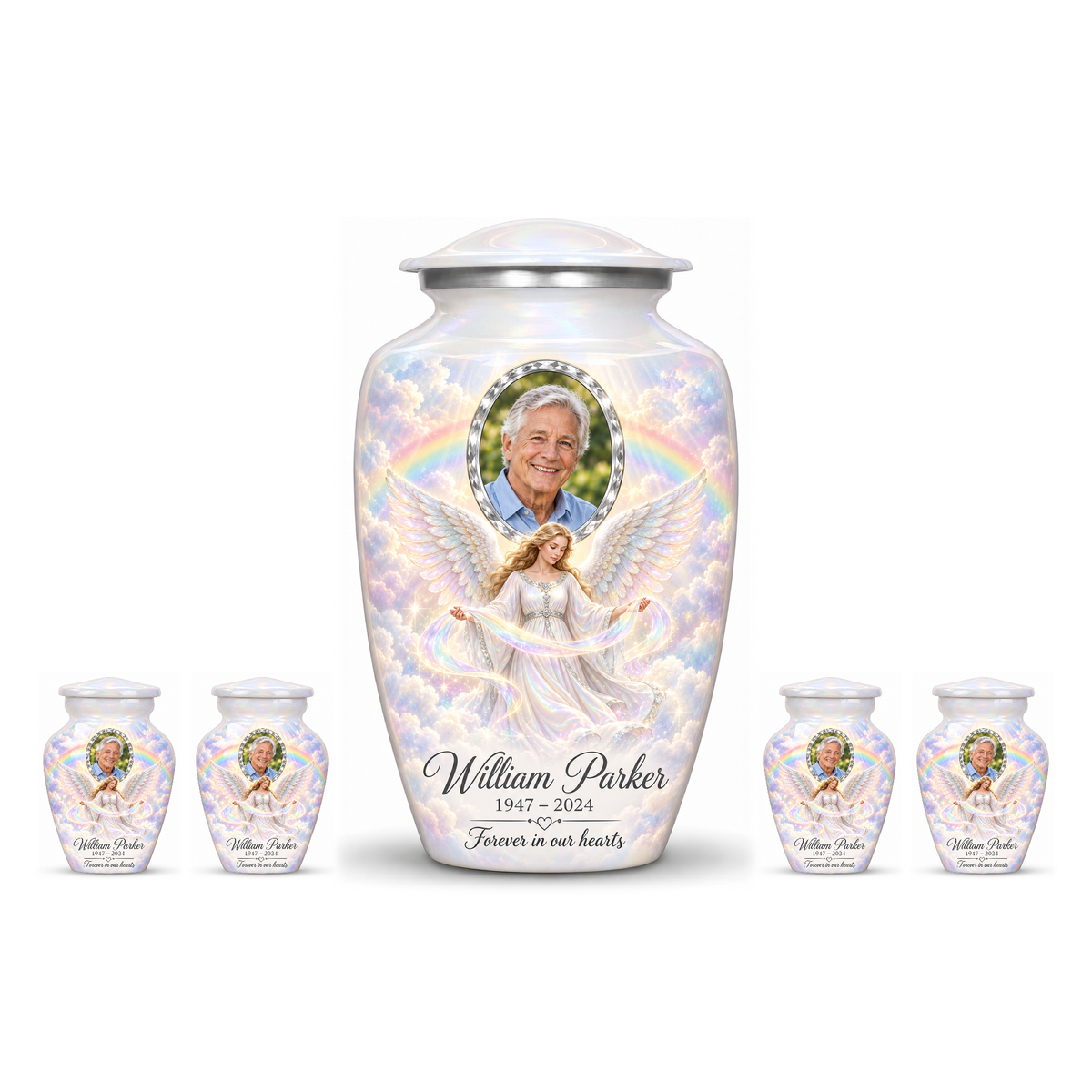 One white adult angel urn and four matching keepsake urns with sample portraits and inscriptions on white.