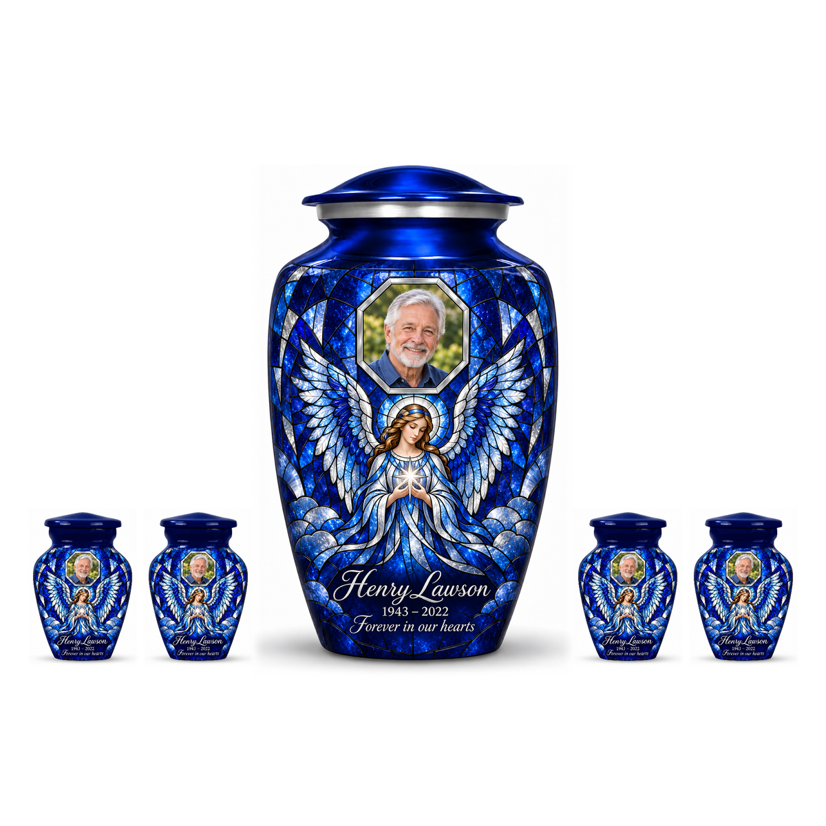 One blue adult angel urn with four matching keepsake urns and sample photo personalization on white.