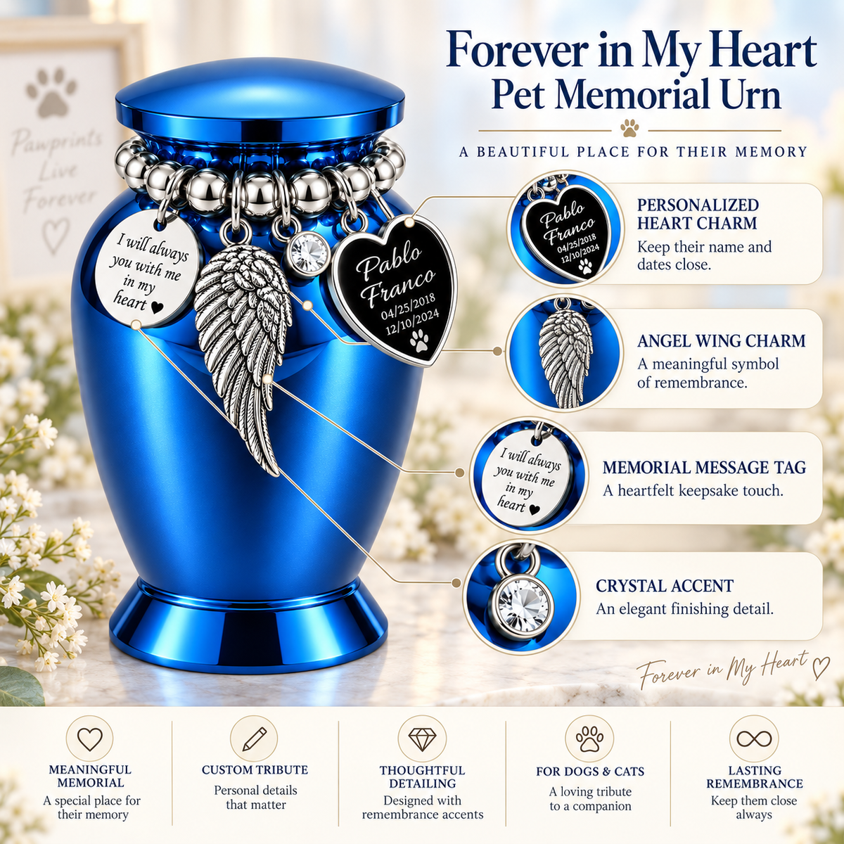 Blue Cremation Urn for Pet Ashes with Silver-Tone Charms