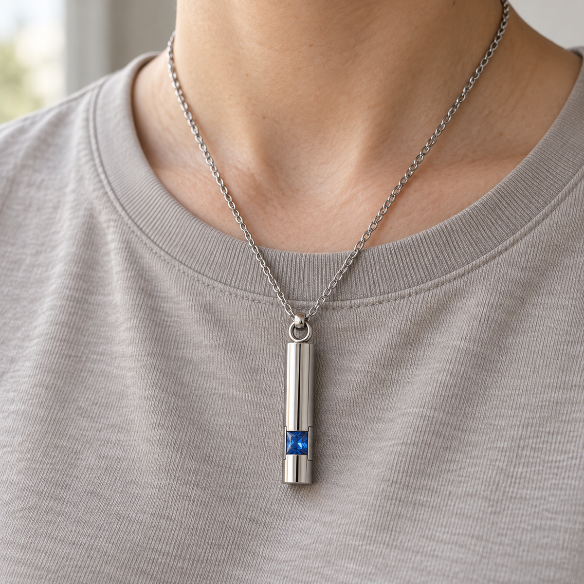 Silver-Tone Cylinder Urn Necklace for Ashes with Blue Stone