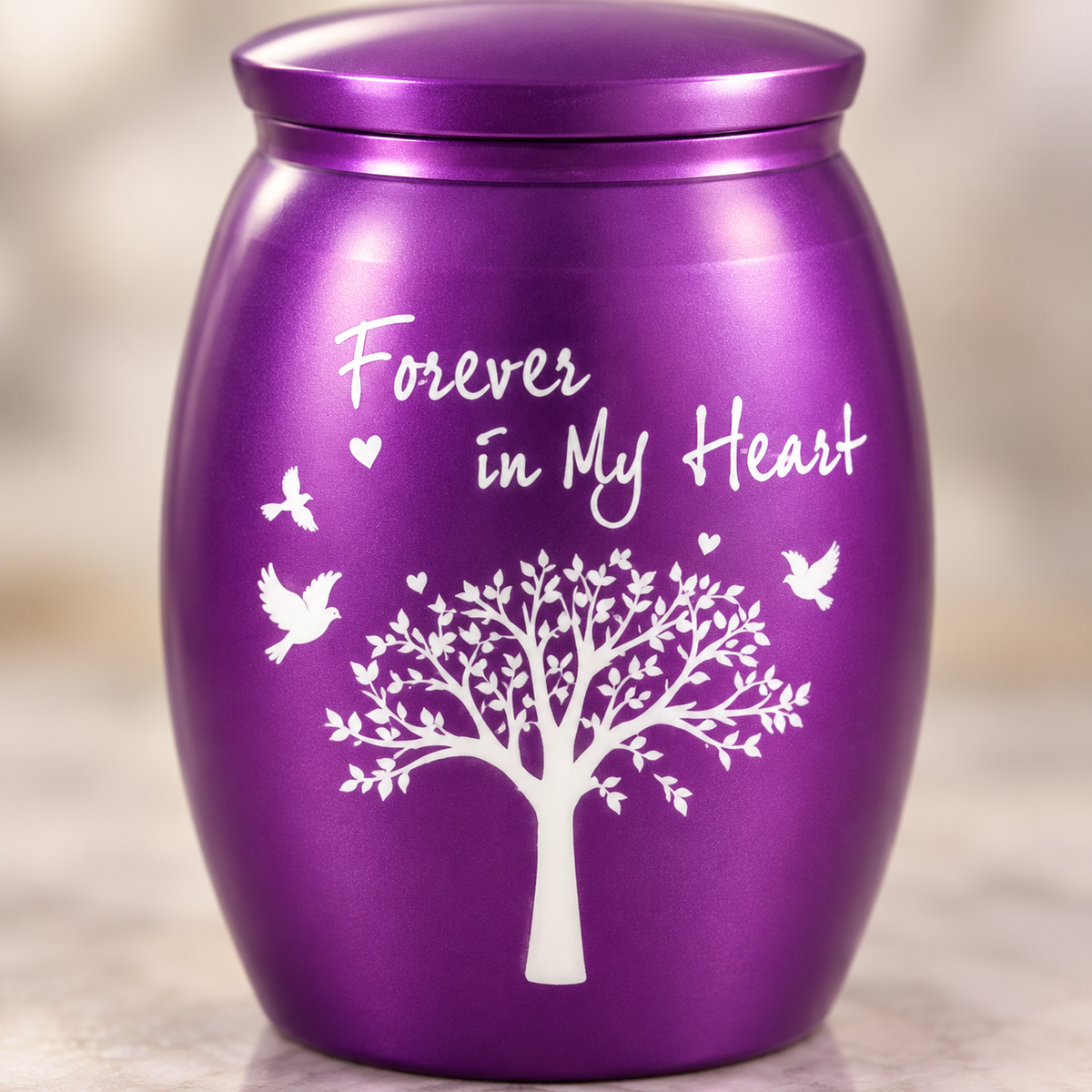 Purple Cremation Urn for Ashes with White Tree & Birds | Forever in My Heart