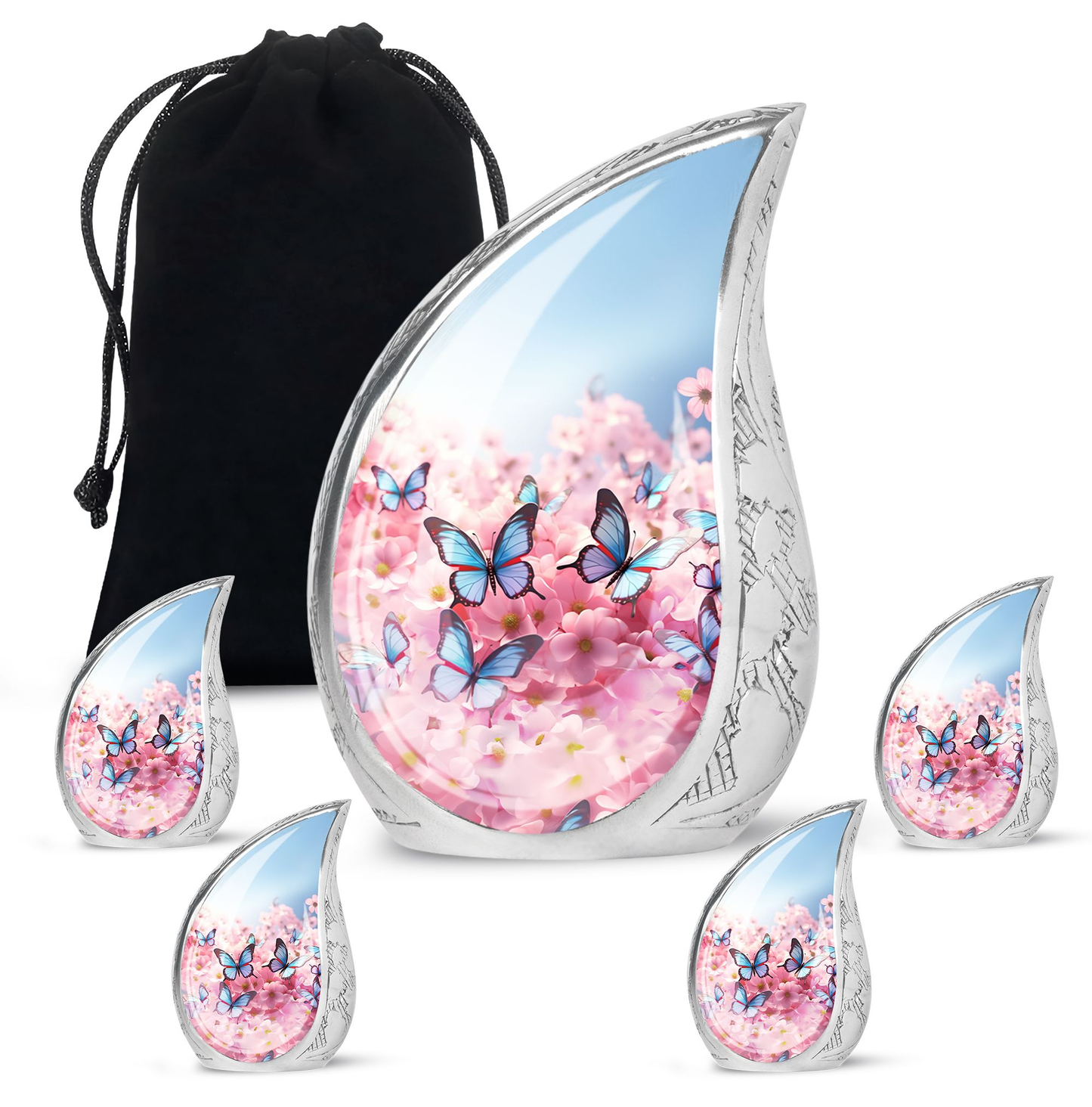 Butterfly Urn for Ashes, Pink Blossoms with Blue Swarm, Silver Teardrop Cremation Urn