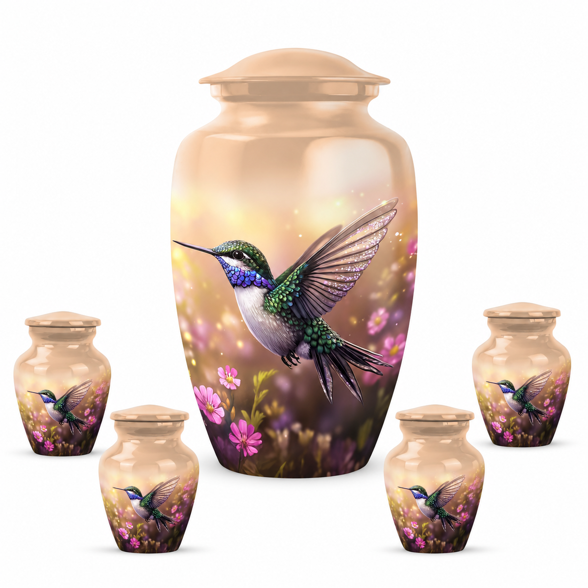 Hummingbird Cremation Urn Set for Ashes, Floral Design, Classic Large Urn + 4 Keepsakes